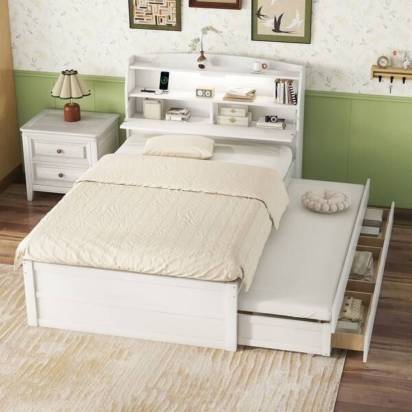 Wooden Captains Bed Platform Bed with Trundle, Bookcase, Drawers