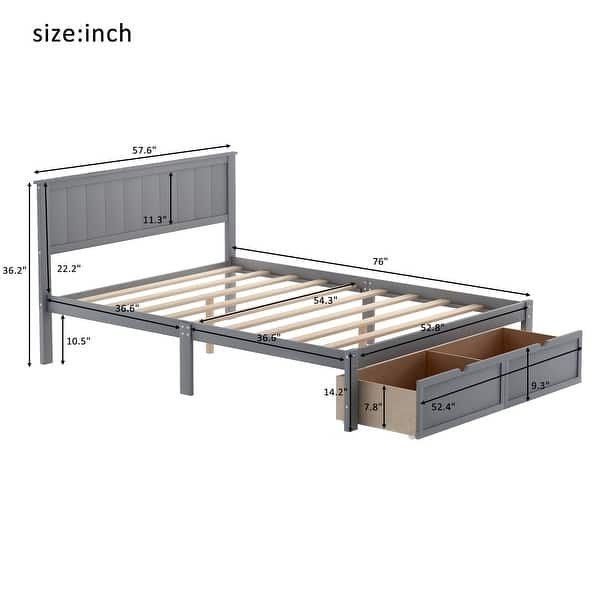 dimension image slide 0 of 2, Wood Full Size Platform Kids Bed Frame with Under-bed Drawers, Extra Storage, Two Extra Legs for Stability, Easy Assembly, White