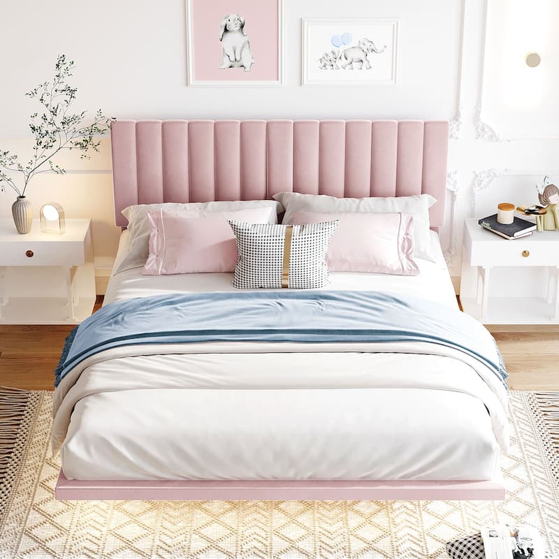 Pink Queen Platform Bed in Velvet Upholstered Finish with Sensor Light and Floating Headboard