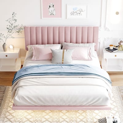 Vertical Line Headboard Bed Frame, Velvet Upholstered Floating Platform Bed, Sensor Lights Under the Headboard on Both Sides
