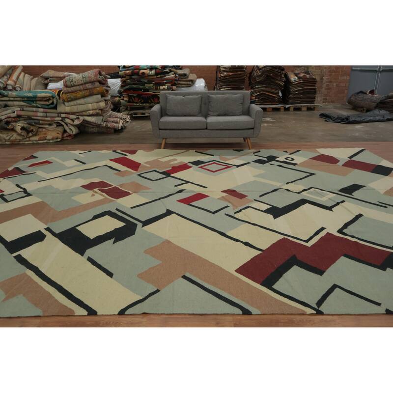 Hand Woven Oriental 100% Wool Carpet Southwestern Modern Multi-Colored Kilim Area Rug - 16' 2'' X 12' 5''