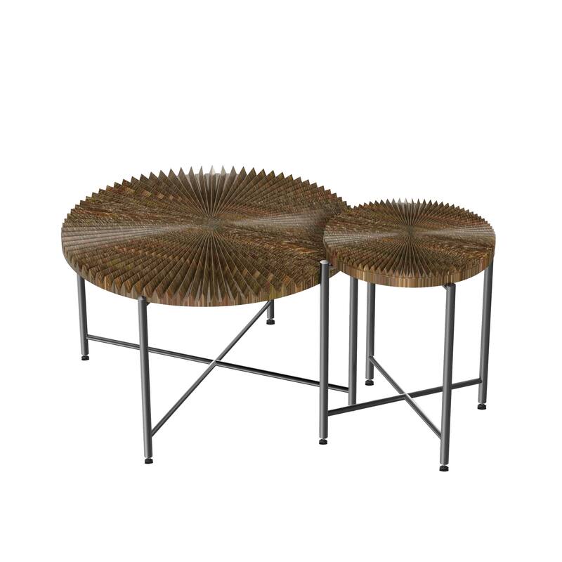 2-Piece Coffee and End Table Set - Waterproof MDF with PVC Cover, Distressed Cylindrical Design