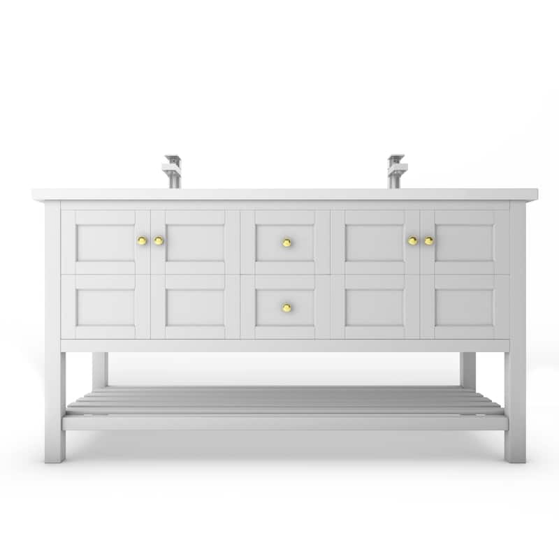 Alicia 60" Bathroom Vanity Set - White Top - White - Gold Finish