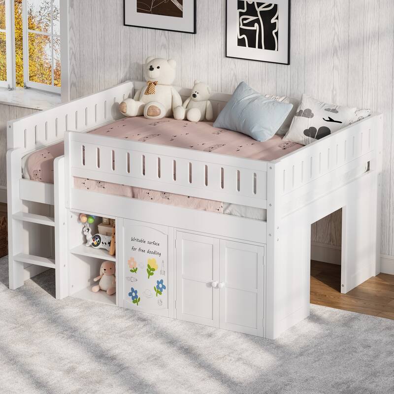 Wooden Full Size Loft Bed with Double-Door Storage Cabinet, Open Shelves and Chalkboard Panel - White - Full