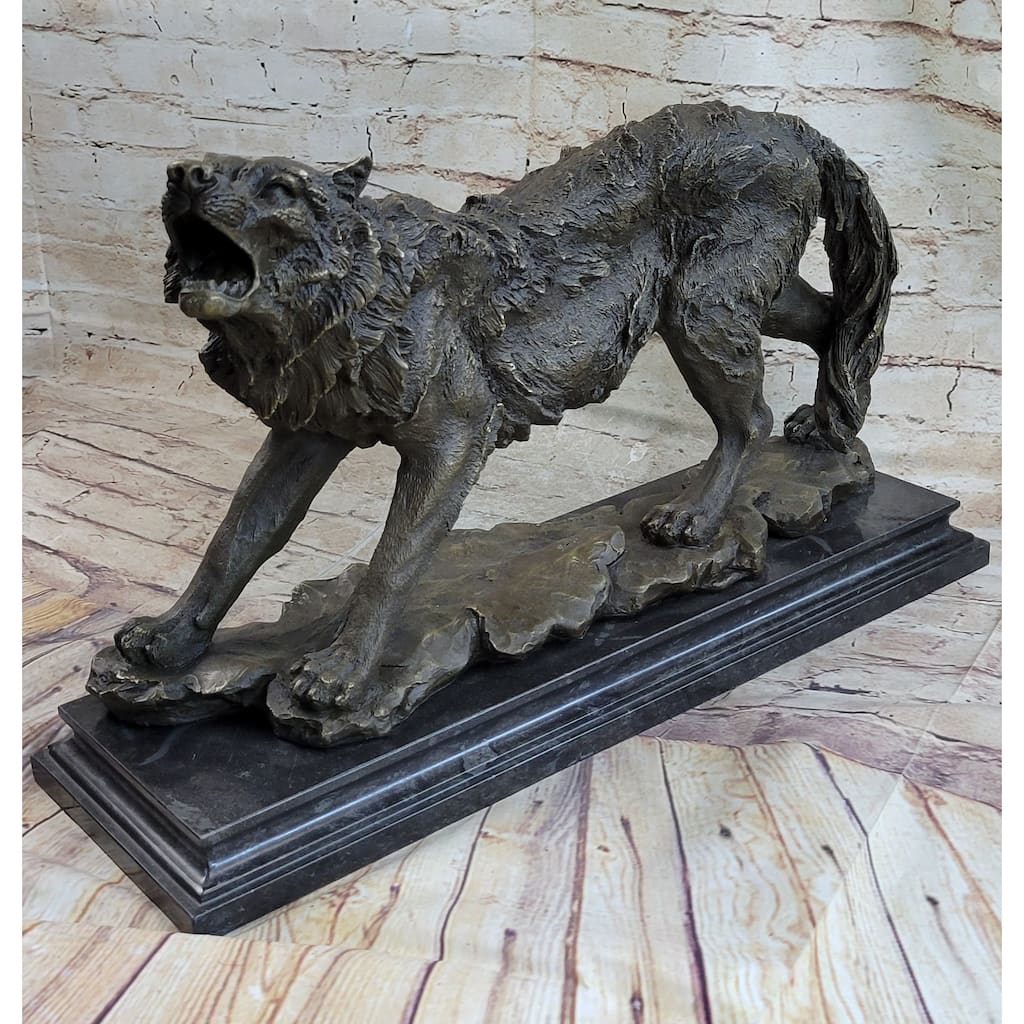 Fierce Wolf Howling Canine Bronze Sculpture Statue Art On Marble Base