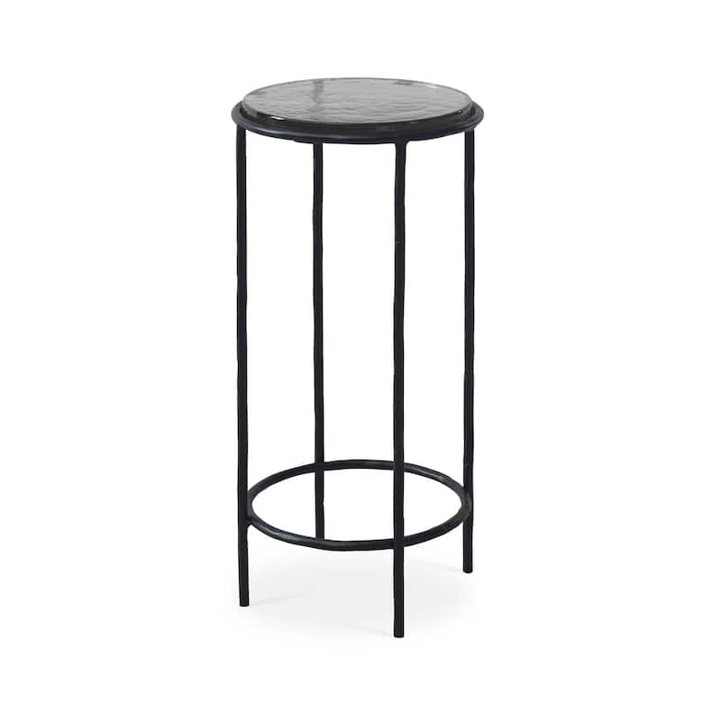 Hex Accent Table, 12 Inch Round Recycled Glass Top, Black Iron Frame