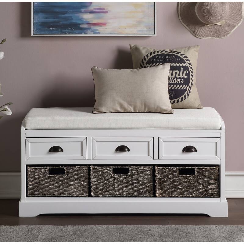 Modern Farmhouse Storage Bench: Organize, Store, and Seat with 3 Drawers & Baskets - White