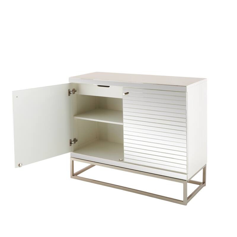 Glass 2 Door Cabinet with Linear Striped Panels and Gray Iron Base - Silver - Roche River Decor - 18"W x 47"L x 38"H