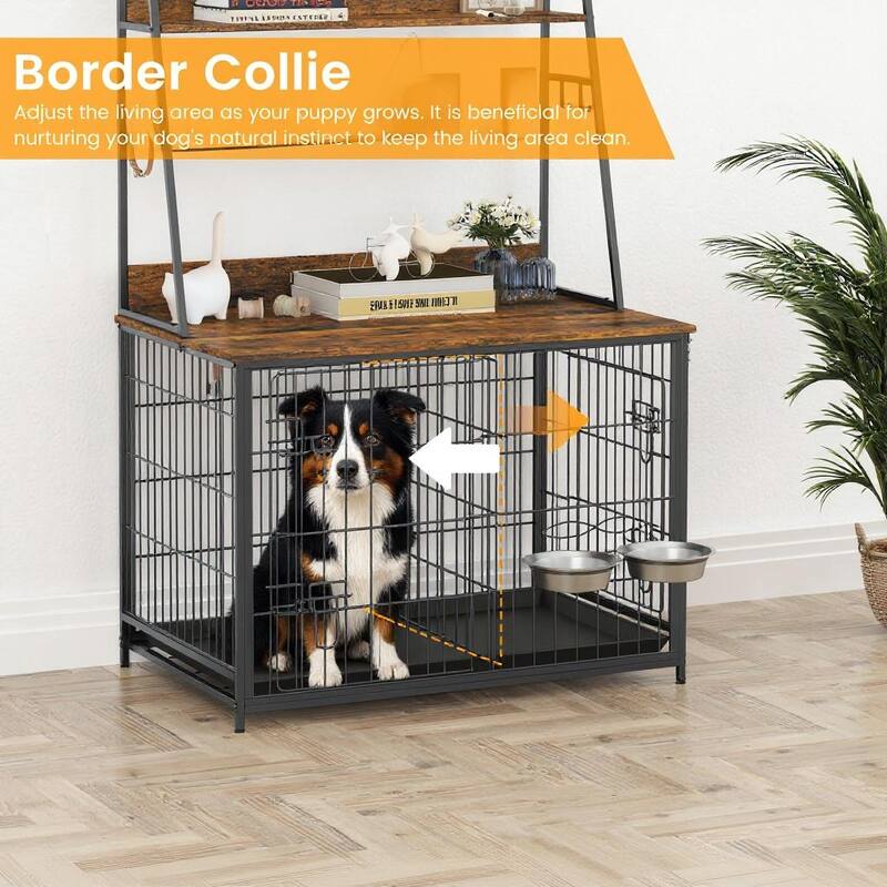 Heavy Duty Dog Crate Furniture, Adjustable Bowls, with 3 Shelves