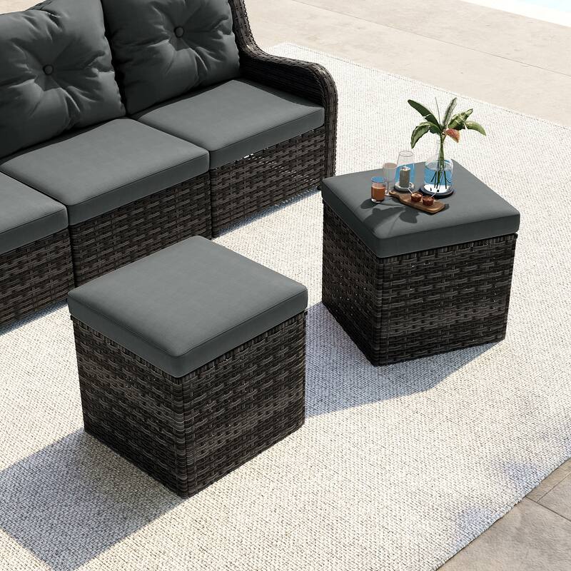2 Set Outdoor 17.7" W Square Rattan Ottoman Patio Ottoman with Cushion