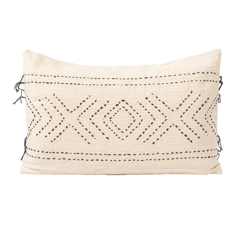 Hand-Embroidered Cotton Lumbar Pillow with Kantha Stitch