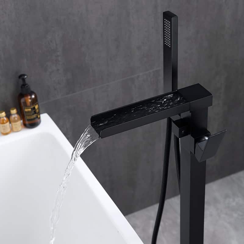 Single Handle Waterfall Tub Filler Freestanding Bathtub Faucet with Hand Shower in Black