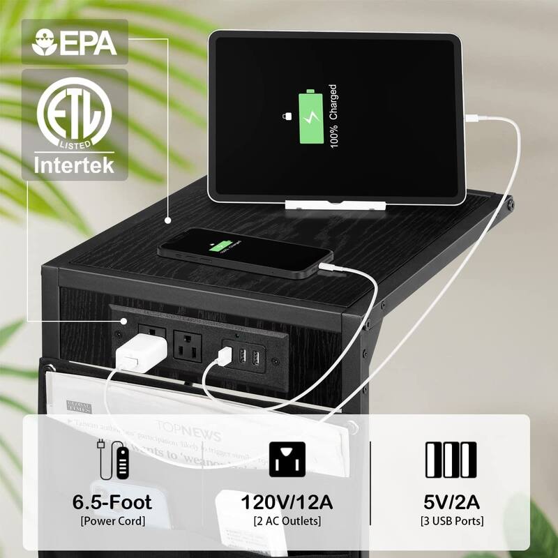C Shaped End Table with Charging Station, Set of 2