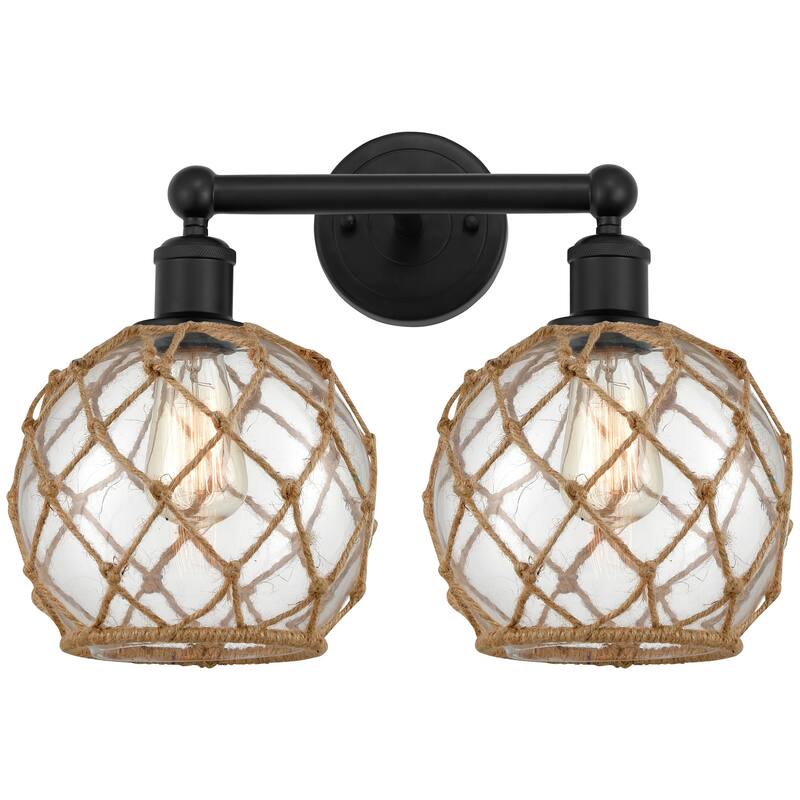 Innovations Lighting 616-2W-13-17 Farmhouse Rope Vanity Farmhouse Rope - Matte Black / Clear Glass with Brown Rope