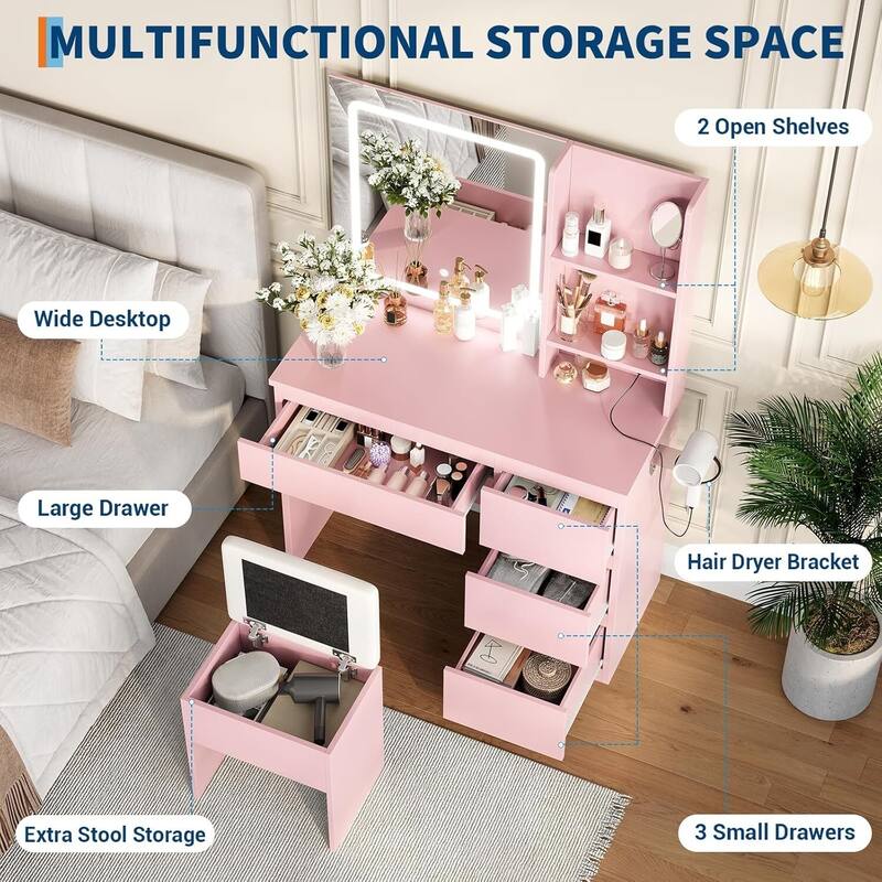 4 Drawers Vanity Desk with Power Outlet, Stool, Mirror and LED Light