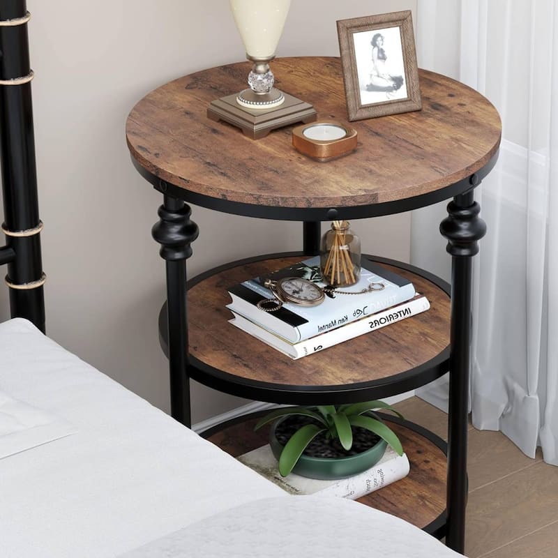 Vintage 3-Tier End Table with Storage Shelf - Brown