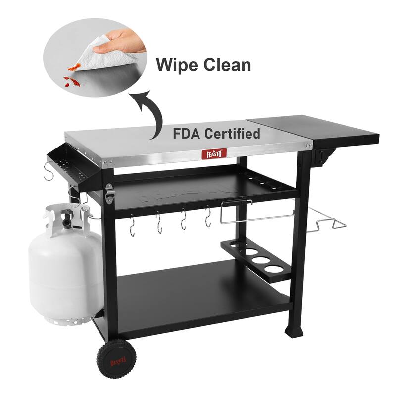 FEASTO 845001L 3-Shelf Indoor Outdoor Movable Food Prep Cart Station with Foldable Side Table - N/A