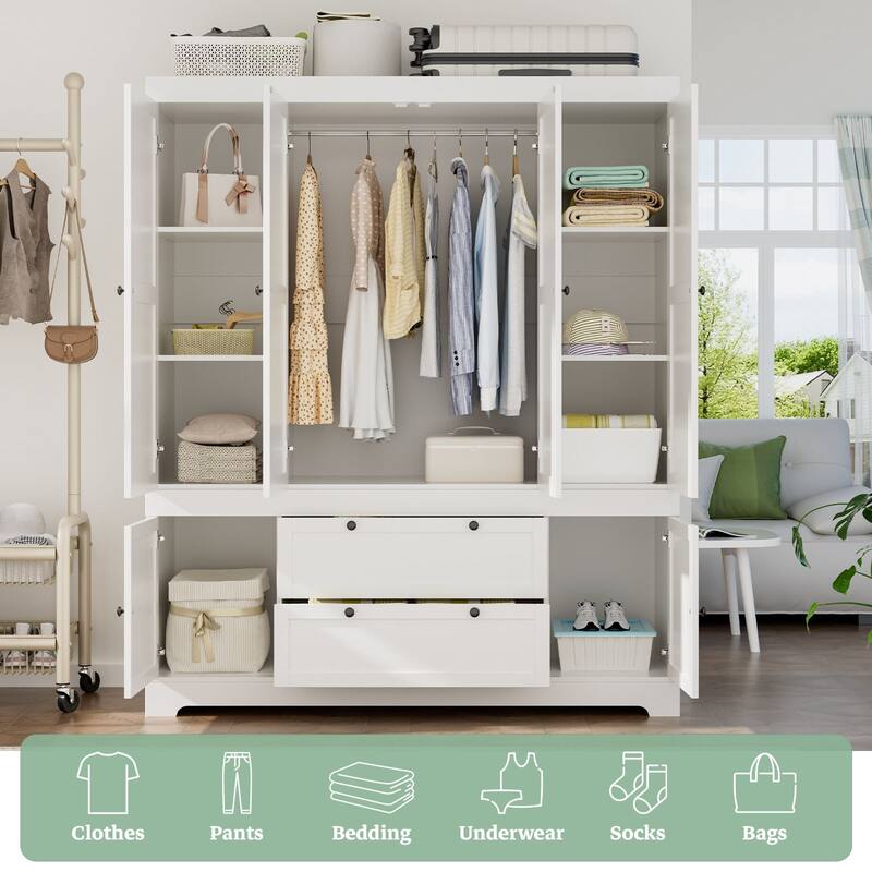 Gyomojoy Large White Wardrobe Closet with Drawers & Doors, Modular Armoire with Hanging Rods, Apartment & Dorm Storage