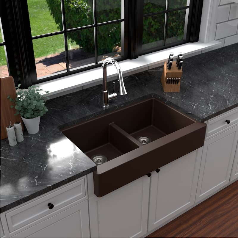 Karran Retrofit Farmhouse Quartz 34 in. Double Bowl 50/50 Sink Kit