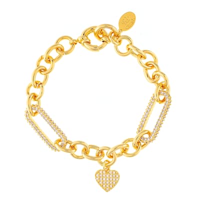 Paperclip Link CZ Encrusted Heart Charm Bracelet