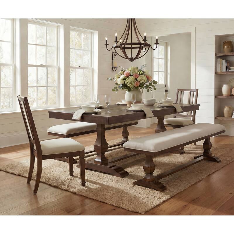 5-pieces Farmhouse Dining Table for 6, 74.8" Kitchen Table Set with 2 Benches and 2 Chairs, Solid Wood Legs and Cushion Seat - Brown
