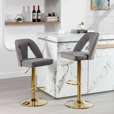 2 PC Velvet Swivel Adjustable Bar Stools with Arm & Nailheads