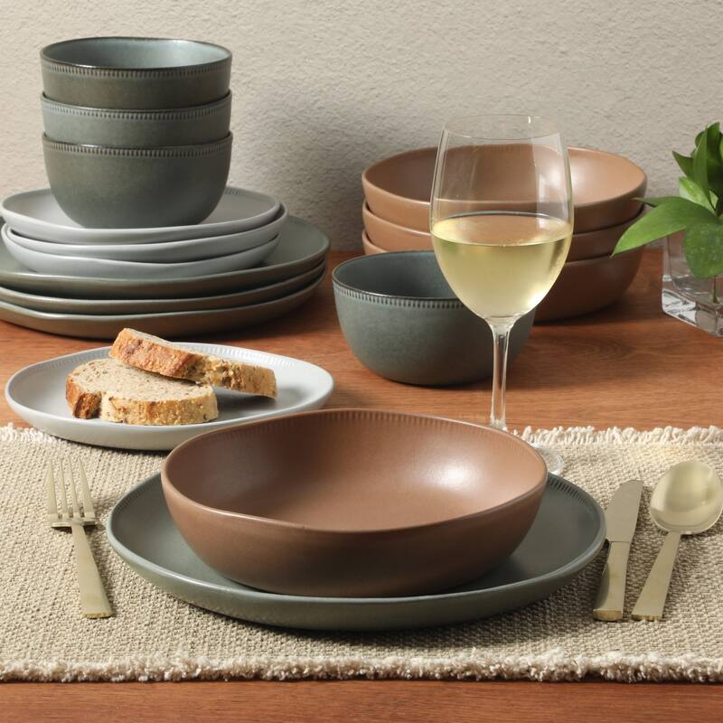 Gibson Elite Menlo Park 16-Piece Pottery Clay Stoneware Dinnerware Set - Reactive Glaze, Embossed, Service for 4