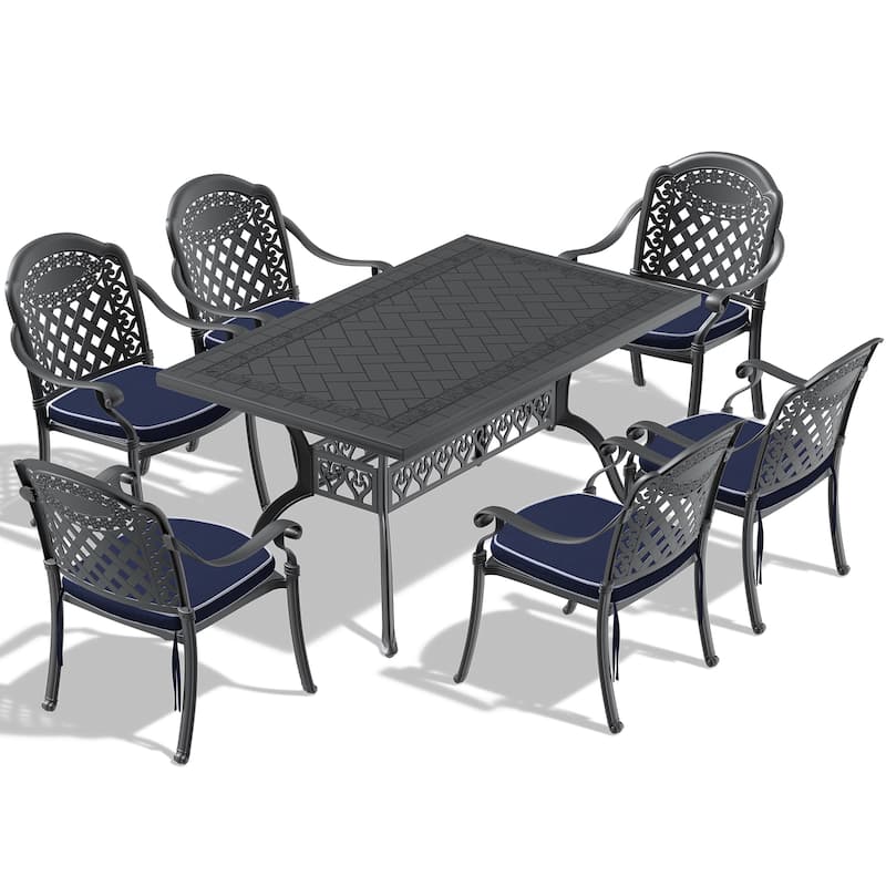 5/7-Piece Cast Aluminum Outdoor Dining Set with 59.06'' L X 35.43'' W Rectangular Table and Random Color Seat Cushions