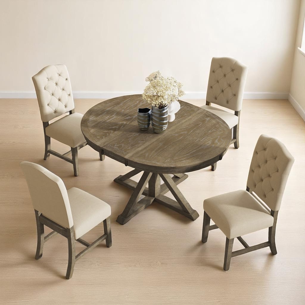 Farmhouse Style Dining Set with Extendable Oval Table and Fabric Chairs, 5-Piece Wood Dining Set