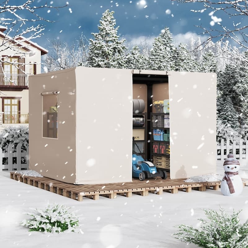 Outdoor Louvered Pergola with Optional Winter Cover Accessory | Adjustable Aluminum Hardtop Gazebo Includes Curtains & Netting - 10x12 ft - Beige Cover