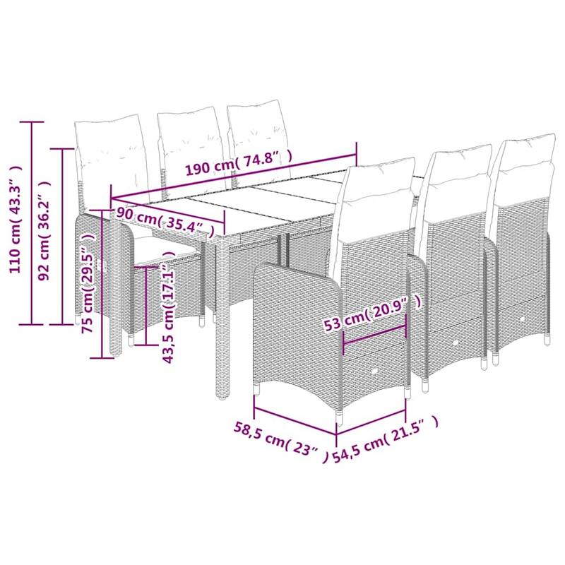 vidaXL Bistro Set Grey PE rattan 6-seater Removable Covers - 23.0 x 21.5 x 36.2 in
