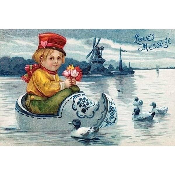 A Vintage Postcard Featuring A Little Dutch Boy Floating In A Wood Clog