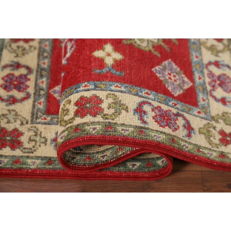 Hand Knotted Oriental 100% Wool Carpet Traditional Geometric Red Kazak Area Rug - 3' 1'' X 2' 1''