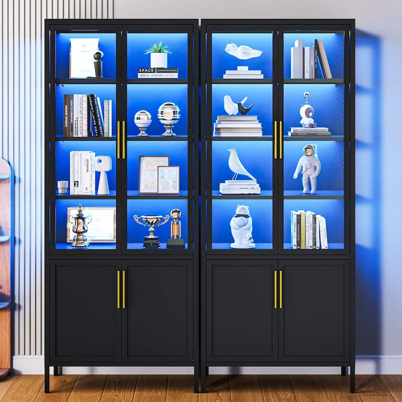 6-Tier Tempered Glass Curio Display Cabinet with 4 Doors, Adjustable Shelves, 13 Color Lights