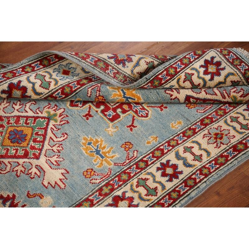Light Blue Geometric Kazak Oriental Accent Rug Handmade Wool Carpet - 3'3"x 5'1"