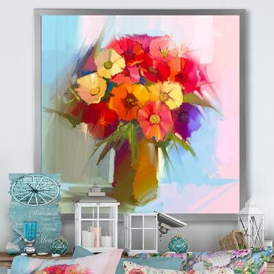 Designart "Paint Brush Orange And Red Spring Flowers" Traditional Framed Art Print