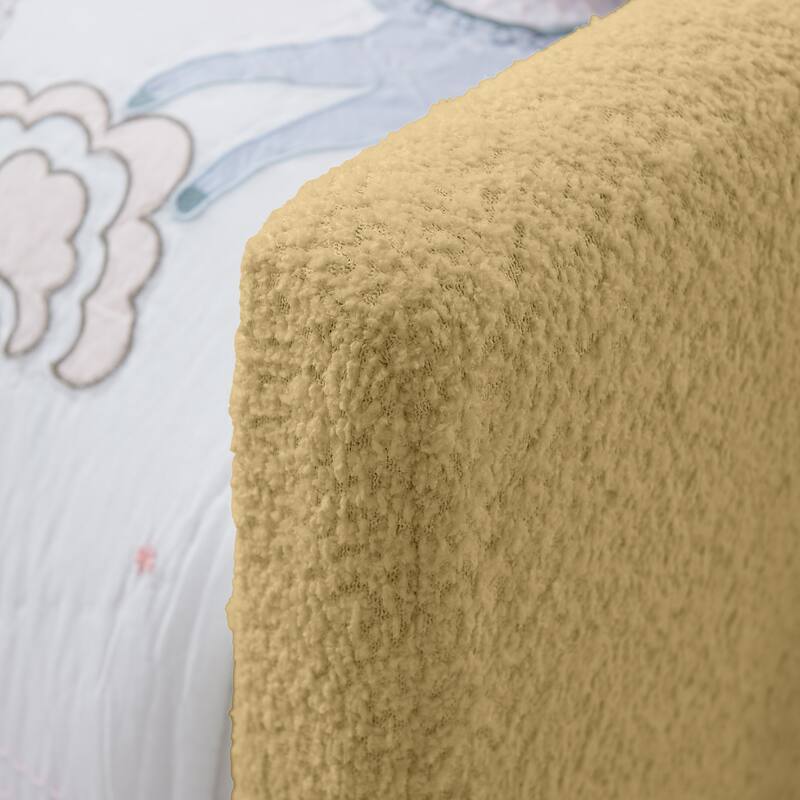 Twin Upholstered Platform Bed with Bunny Ear Headboard, Safety Rail & Pocket in Boucle Fabric