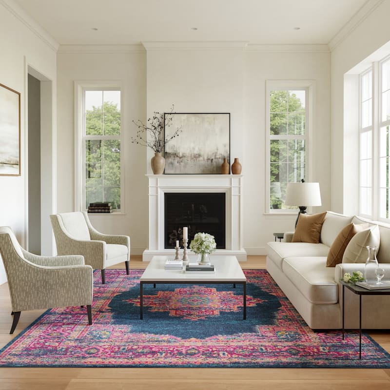 Porch & Den Dobbin Vintage Persian Medallion Farmhouse Area Rug - 8' x 10' - Blue/Pink