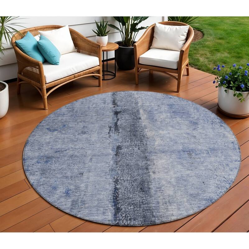 Dave Unique Abstract Spill-Resistant Blended Style Outdoor Rug - 8' Round - Blue