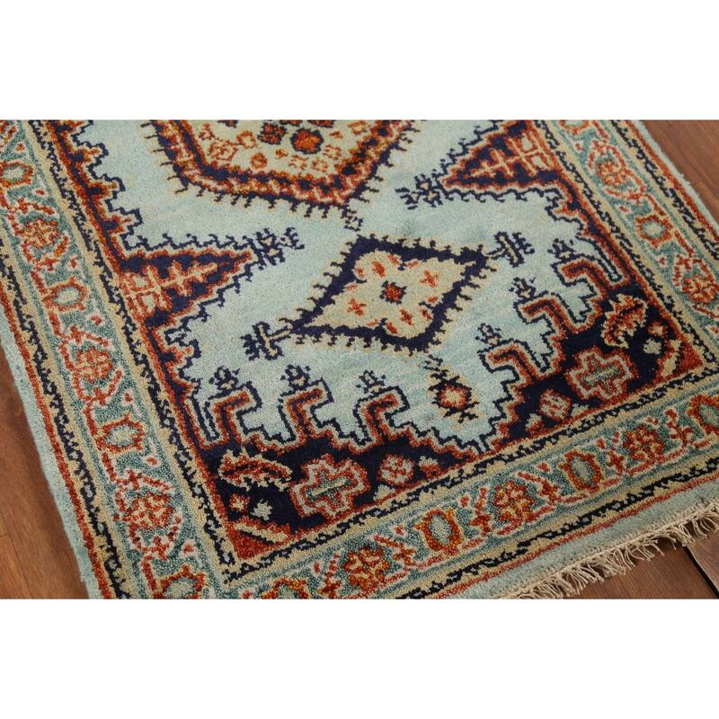 Turquoise Geometric Viss Indian Accent Rug Hand-Knotted Wool Carpet - 3'0"x 5'0"