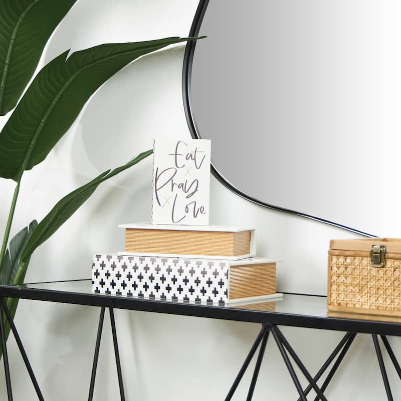 White Wooden Eat, Pray, Love Faux Storage Book Box with Checkered Spine and Gold Accents (Set of 3) - White