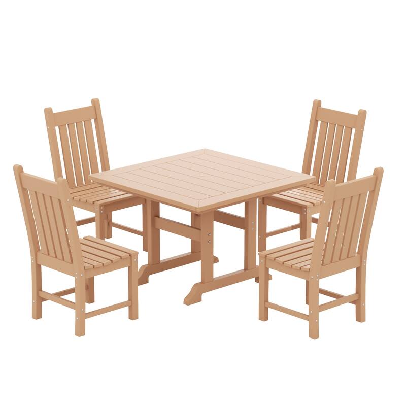 Laguna Hdpe All Weather Outdoor Patio Dining Set with Square Table, Armless Chairs (5-Piece Set) - Teak
