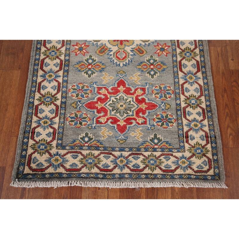 Kazak Oriental Runner Rug Hand-Knotted Grey Wool Carpet - 2'2" x 5'11"