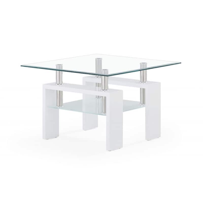 18 Inch White and Glass Side Table for Bedroom or Living Room - 26” x 26” x 18”