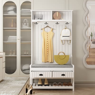 68.5"H Hall Tree with Bench and Shoe Storage White/Black/Grey