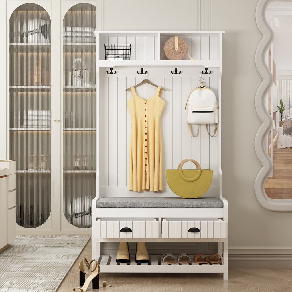 68.5"H Hall Tree with Bench and Shoe Storage White/Black/Grey