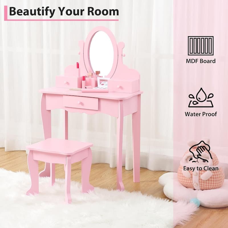 Girls Makeup Vanity Table Set with Stool, Dressup Playset