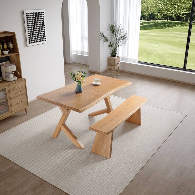 2-Piece Crossbuck Live Edge Dining Table Set with Bench - Natural
