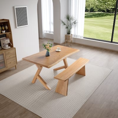 2-Piece Crossbuck Live Edge Dining Table Set with Bench