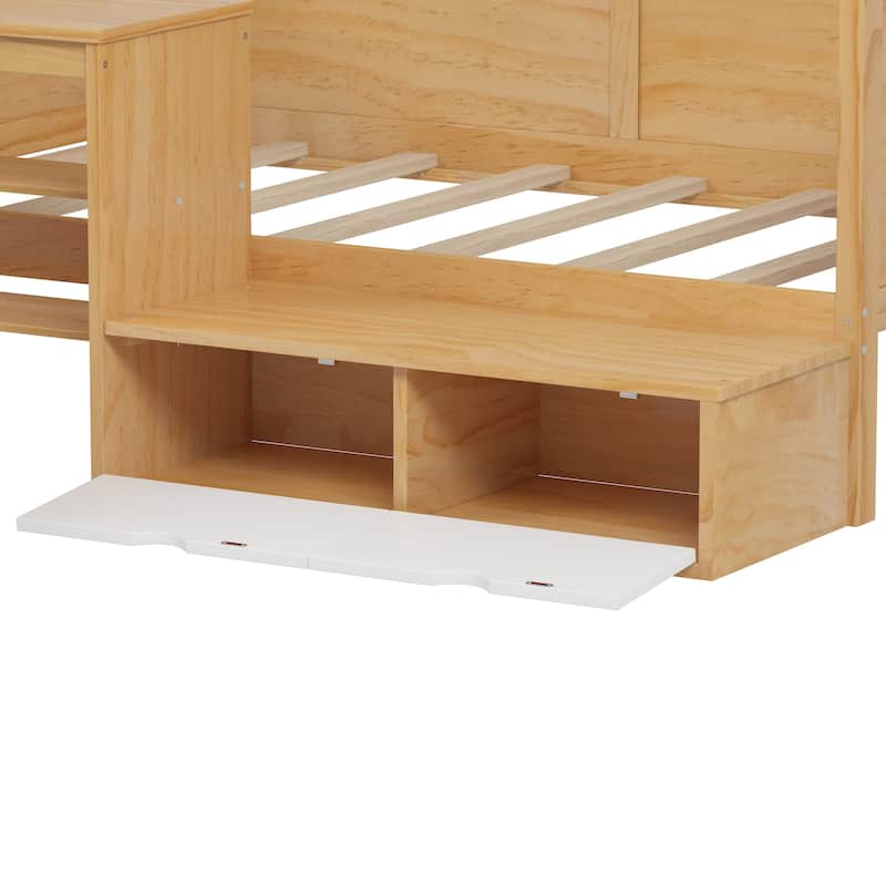Twin Size Natural Wood Daybed with Study Desk & Storage (350lb Capacity)